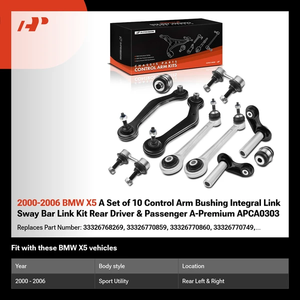 2000-2006 BMW X5 A Set of 10 Control Arm Bushing Integral Link Sway Bar Link Kit Rear Driver & Passenger A-Premium APCA0303