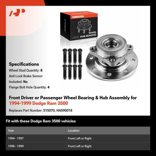 Front Driver or Passenger Wheel Bearing & Hub Assembly for 1994-1999 Dodge Ram 3500