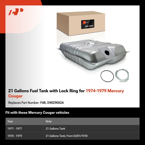 21 Gallons Fuel Tank with Lock Ring for 1974-1979 Mercury Cougar