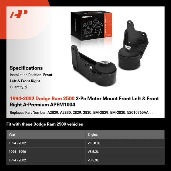 1994-2002 Dodge Ram 2500 2-Pc Motor Mount Front Left & Front Right A-Premium APEM1004