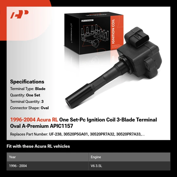 1996-2004 Acura RL One Set-Pc Ignition Coil 3-Blade Terminal Oval A-Premium APIC1157