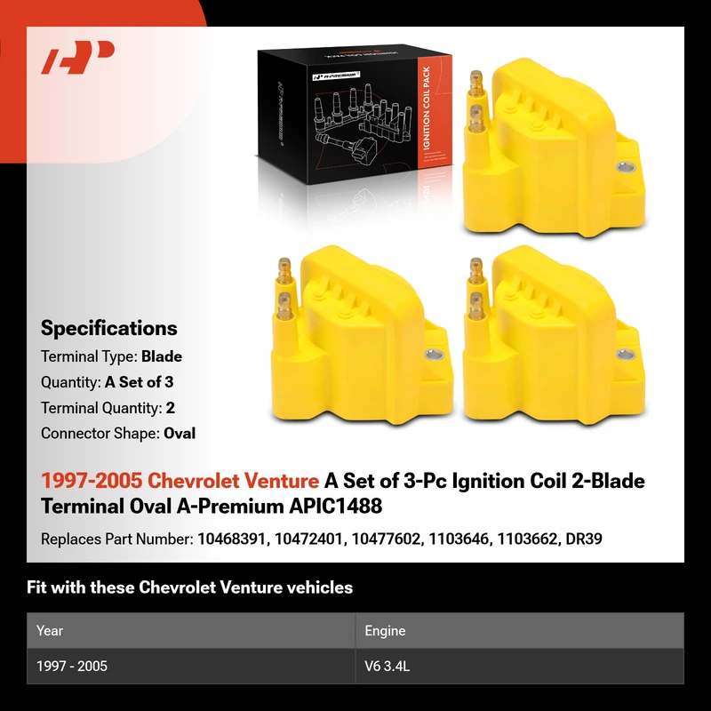 1997-2005 Chevrolet Venture A Set of 3-Pc Ignition Coil 2-Blade Terminal Oval A-Premium APIC1488