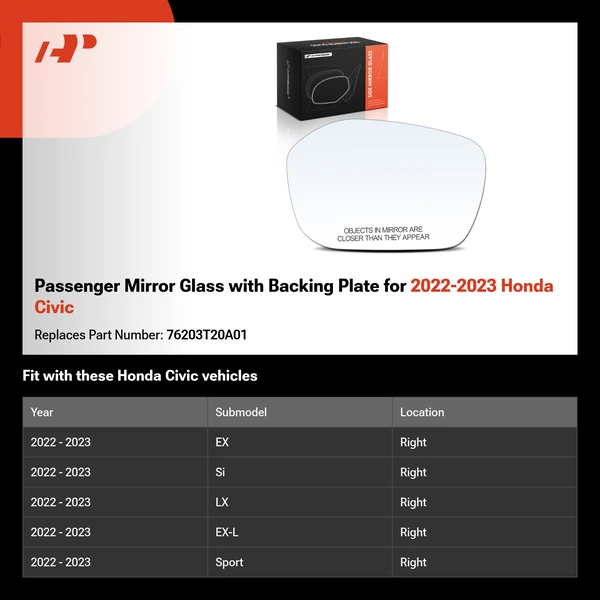 Passenger Mirror Glass with Backing Plate for 2022-2023 Honda Civic