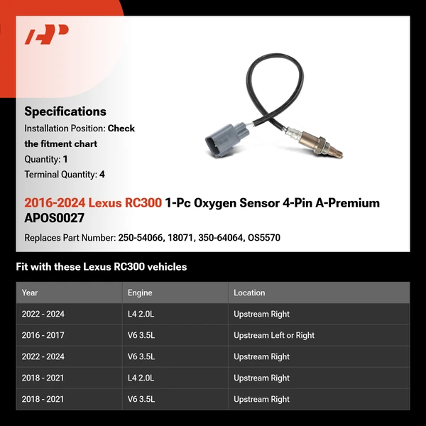 2016-2024 Lexus RC300 1-Pc Oxygen Sensor 4-Pin A-Premium APOS0027