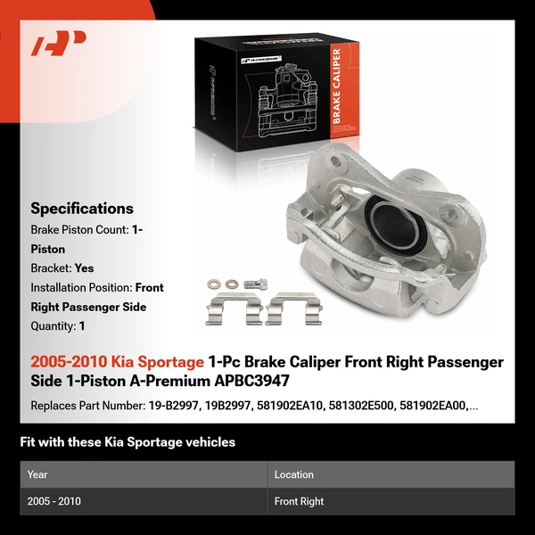 2005-2010 Kia Sportage 1-Pc Brake Caliper Front Right Passenger Side 1-Piston A-Premium APBC3947