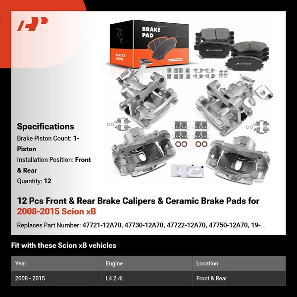 12 Pcs Front & Rear Brake Calipers & Ceramic Brake Pads for 2008-2015 Scion xB