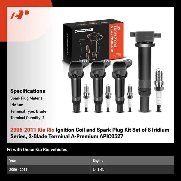 2006-2011 Kia Rio Ignition Coil and Spark Plug Kit Set of 8 Iridium Series, 2-Blade Terminal A-Premium APIC0527