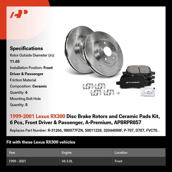 1999-2001 Lexus RX300 Disc Brake Rotors and Ceramic Pads Kit, 6 Pcs, Front Driver & Passenger, A-Premium, APBRPR857