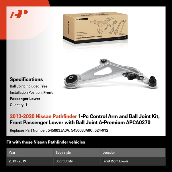 2013-2020 Nissan Pathfinder 1-Pc Control Arm and Ball Joint Kit, Front Passenger Lower with Ball Joint A-Premium APCA0270