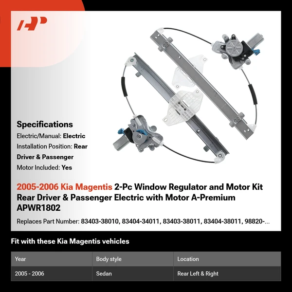 2005-2006 Kia Magentis 2-Pc Window Regulator and Motor Kit Rear Driver & Passenger Electric with Motor A-Premium APWR1802