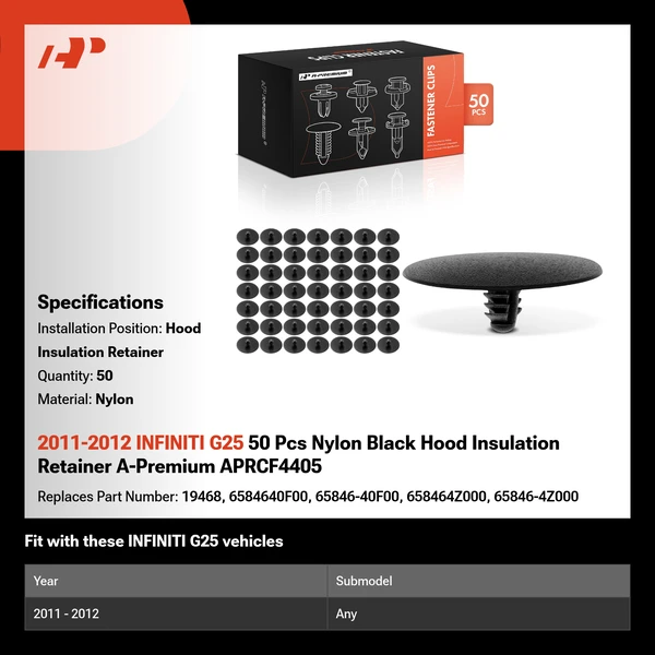2011-2012 INFINITI G25 50 Pcs Nylon Black Hood Insulation Retainer A-Premium APRCF4405