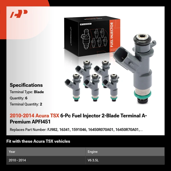 2010-2014 Acura TSX 6-Pc Fuel Injector 2-Blade Terminal A-Premium APFI451