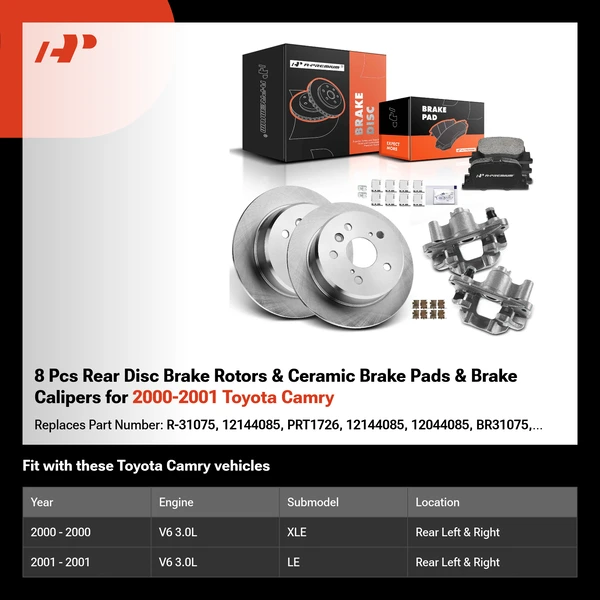 8 Pcs Rear Disc Brake Rotors & Ceramic Brake Pads & Brake Calipers for 2000-2001 Toyota Camry