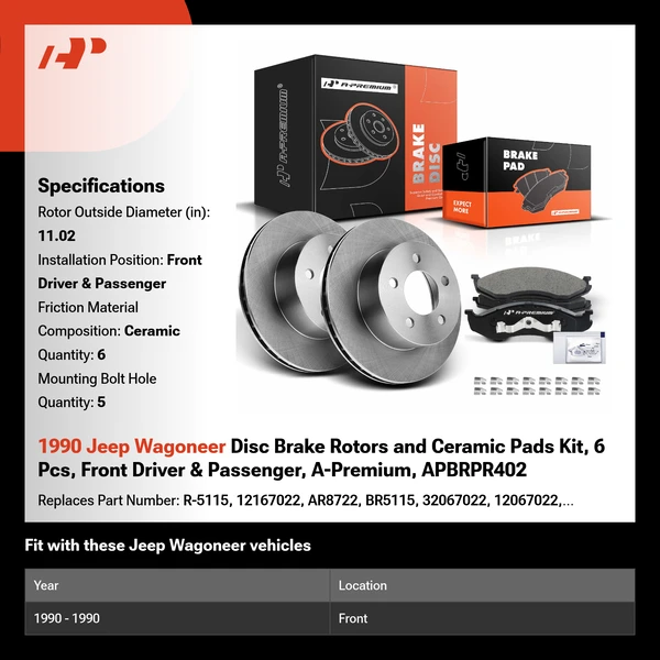 1990 Jeep Wagoneer Disc Brake Rotors and Ceramic Pads Kit, 6 Pcs, Front Driver & Passenger, A-Premium, APBRPR402