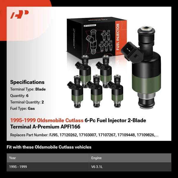 1995-1999 Oldsmobile Cutlass 6-Pc Fuel Injector 2-Blade Terminal A-Premium APFI166