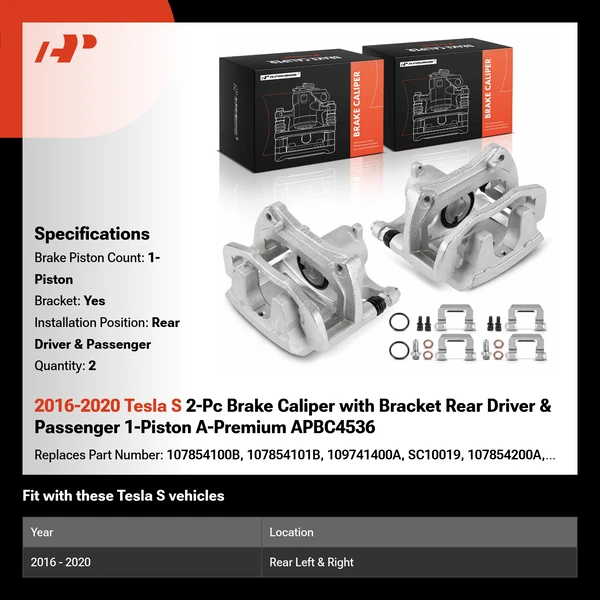 2016-2020 Tesla S 2-Pc Brake Caliper with Bracket Rear Driver & Passenger 1-Piston A-Premium APBC4536