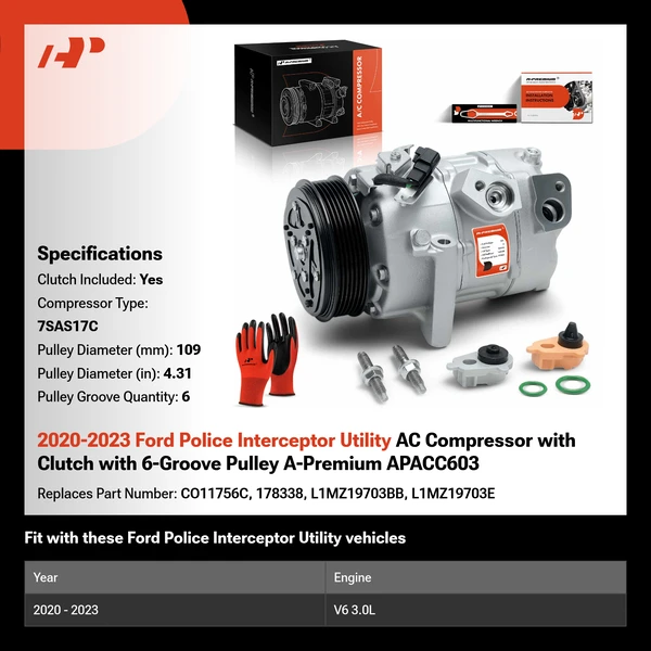 2020-2023 Ford Police Interceptor Utility AC Compressor with Clutch with 6-Groove Pulley A-Premium APACC603