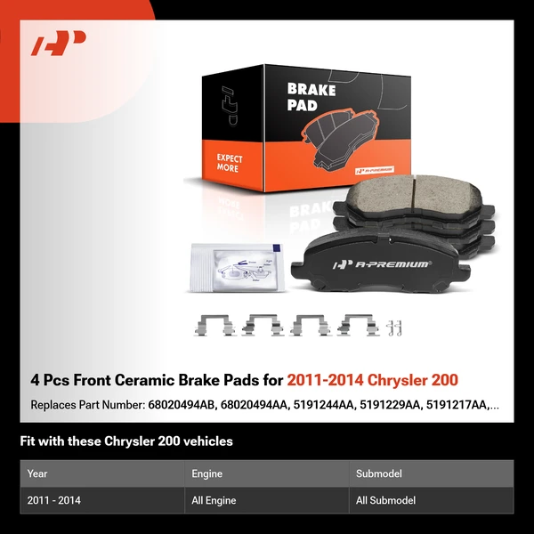 4 Pcs Front Ceramic Brake Pads for 2011-2014 Chrysler 200