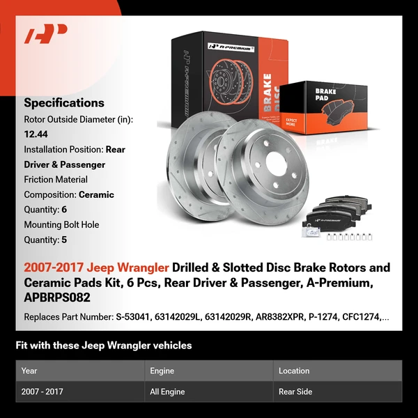 2007-2017 Jeep Wrangler Drilled & Slotted Disc Brake Rotors and Ceramic Pads Kit, 6 Pcs, Rear Driver & Passenger, A-Premium, APBRPS082