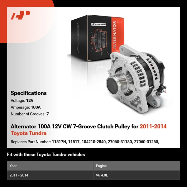 Alternator 100A 12V CW 7-Groove Clutch Pulley for 2011-2014 Toyota Tundra