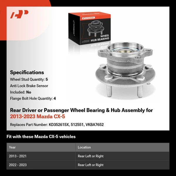 Rear Driver or Passenger Wheel Bearing & Hub Assembly for 2013-2023 Mazda CX-5