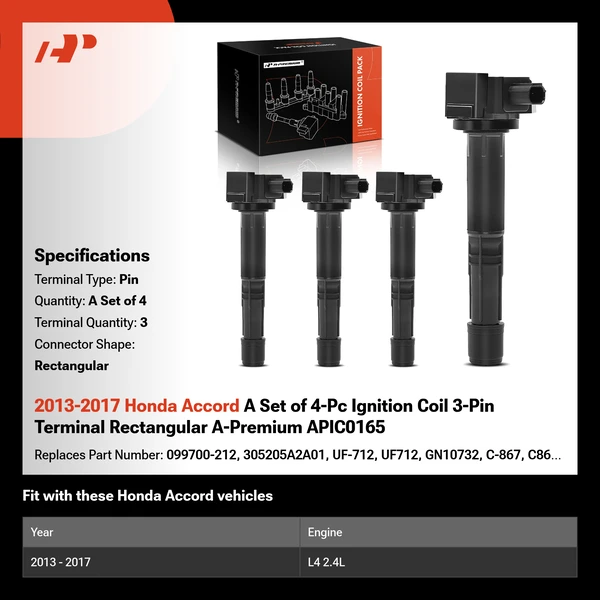 2013-2017 Honda Accord A Set of 4-Pc Ignition Coil 3-Pin Terminal Rectangular A-Premium APIC0165