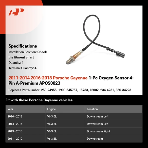 2011-2014 2016-2018 Porsche Cayenne 1-Pc Oxygen Sensor 4-Pin A-Premium APOS0023