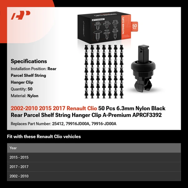 2002-2010 2015 2017 Renault Clio 50 Pcs 6.3mm Nylon Black Rear Parcel Shelf String Hanger Clip A-Premium APRCF3392