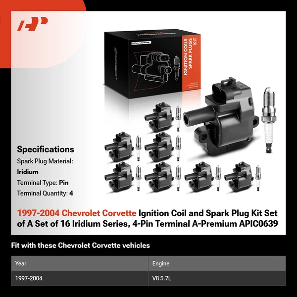 1997-2004 Chevrolet Corvette Ignition Coil and Spark Plug Kit Set of A Set of 16 Iridium Series, 4-Pin Terminal A-Premium APIC0639