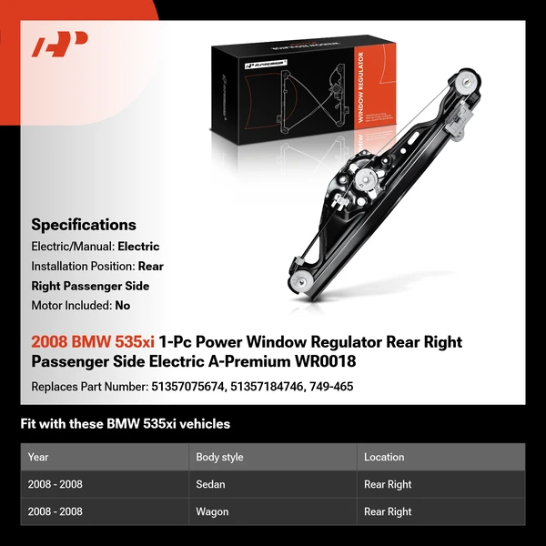 2008 BMW 535xi 1-Pc Power Window Regulator Rear Right Passenger Side Electric A-Premium WR0018