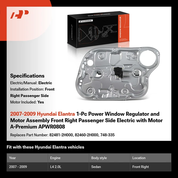 2007-2009 Hyundai Elantra 1-Pc Power Window Regulator and Motor Assembly Front Right Passenger Side Electric with Motor A-Premium APWR0808