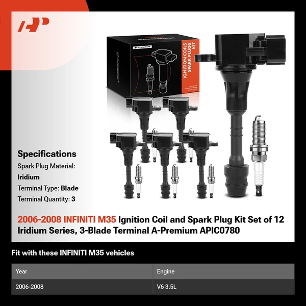 2006-2008 INFINITI M35 Ignition Coil and Spark Plug Kit Set of 12 Iridium Series, 3-Blade Terminal A-Premium APIC0780