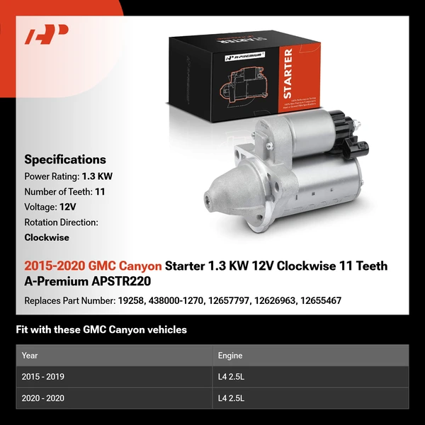 2015-2020 GMC Canyon Starter 1.3 KW 12V Clockwise 11 Teeth A-Premium APSTR220