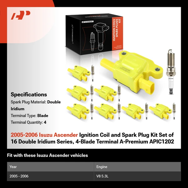 2005-2006 Isuzu Ascender Ignition Coil and Spark Plug Kit Set of 16 Double Iridium Series, 4-Blade Terminal A-Premium APIC1202