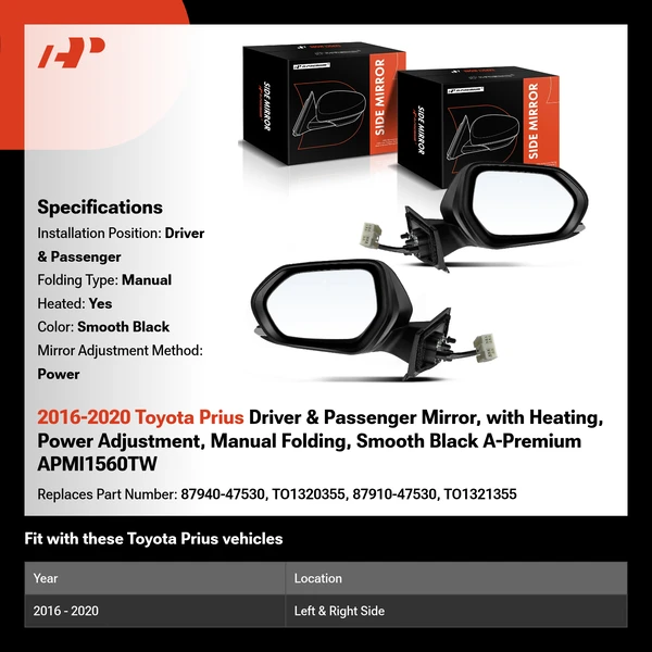 2016-2020 Toyota Prius Driver & Passenger Mirror, with Heating, Power Adjustment, Manual Folding, Smooth Black A-Premium APMI1560TW