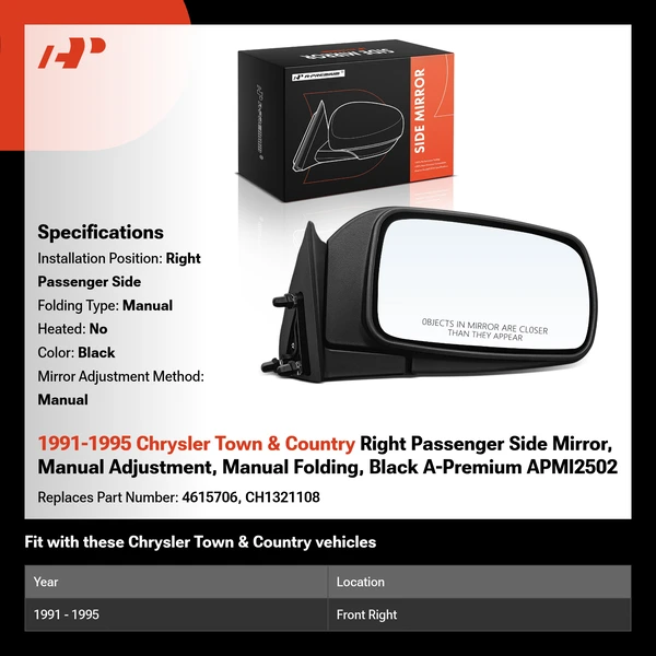 1991-1995 Chrysler Town & Country Right Passenger Side Mirror, Manual Adjustment, Manual Folding, Black A-Premium APMI2502