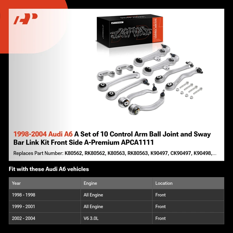 1998-2004 Audi A6 A Set of 10 Control Arm Ball Joint and Sway Bar Link Kit Front Side A-Premium APCA1111