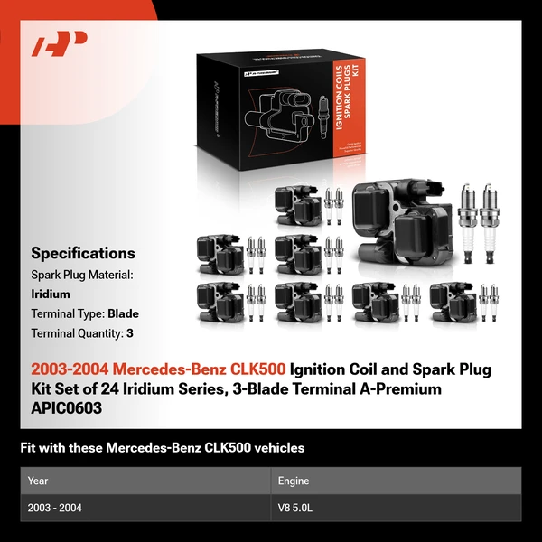 2003-2004 Mercedes-Benz CLK500 Ignition Coil and Spark Plug Kit Set of 24 Iridium Series, 3-Blade Terminal A-Premium APIC0603