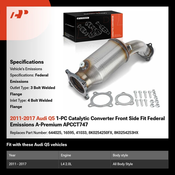 2011-2017 Audi Q5 1-PC Catalytic Converter Front Side Fit Federal Emissions A-Premium APCCT747