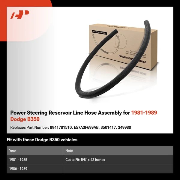 Power Steering Reservoir Line Hose Assembly for 1981-1989 Dodge B350