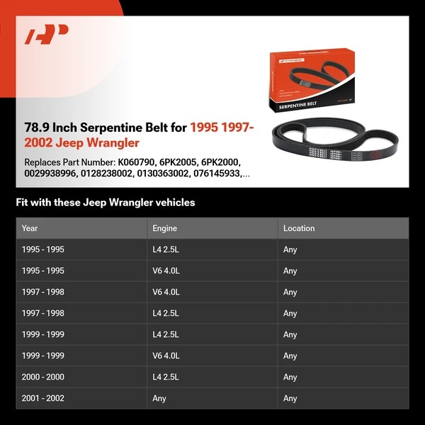 78.9 Inch Serpentine Belt for 1995 1997-2002 Jeep Wrangler