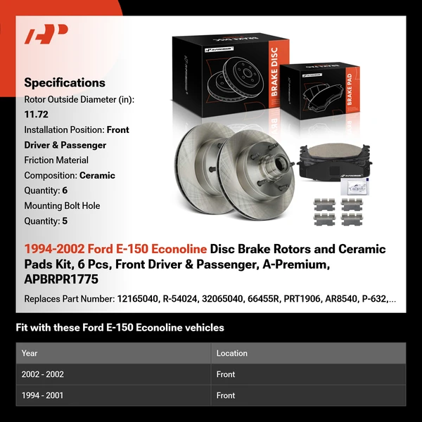 1994-2002 Ford E-150 Econoline Disc Brake Rotors and Ceramic Pads Kit, 6 Pcs, Front Driver & Passenger, A-Premium, APBRPR1775