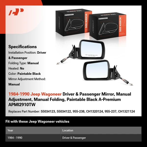 1984-1990 Jeep Wagoneer Driver & Passenger Mirror, Manual Adjustment, Manual Folding, Paintable Black A-Premium APMI2910TW