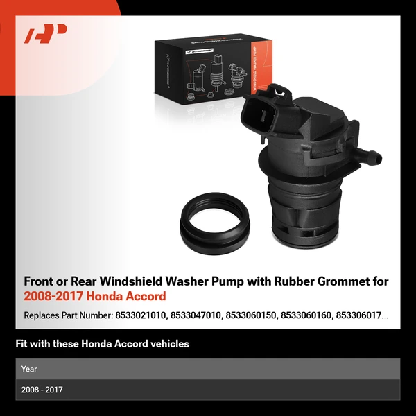 Front or Rear Windshield Washer Pump with Rubber Grommet for 2008-2017 Honda Accord