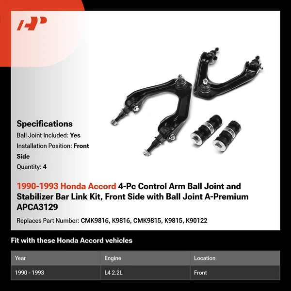 1990-1993 Honda Accord 4-Pc Control Arm Ball Joint and Stabilizer Bar Link Kit, Front Side with Ball Joint A-Premium APCA3129