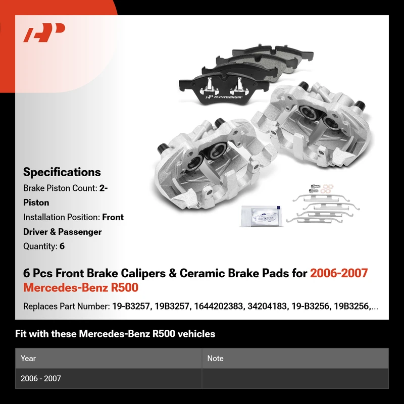 6 Pcs Front Brake Calipers & Ceramic Brake Pads for 2006-2007 Mercedes-Benz R500