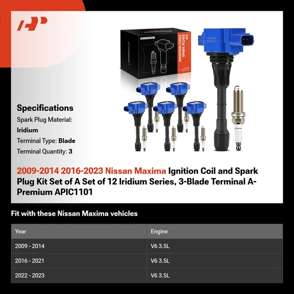 2009-2014 2016-2023 Nissan Maxima Ignition Coil and Spark Plug Kit Set of A Set of 12 Iridium Series, 3-Blade Terminal A-Premium APIC1101