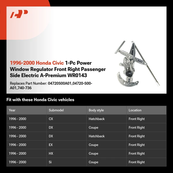 1996-2000 Honda Civic 1-Pc Power Window Regulator Front Right Passenger Side Electric A-Premium WR0143