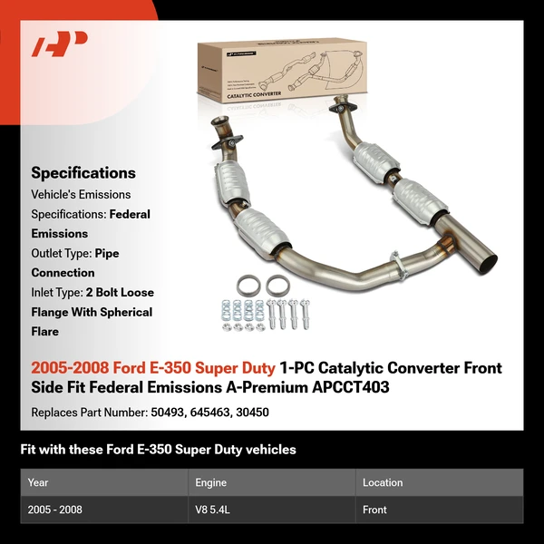 2005-2008 Ford E-350 Super Duty 1-PC Catalytic Converter Front Side Fit Federal Emissions A-Premium APCCT403