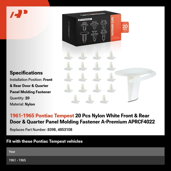 1961-1965 Pontiac Tempest 20 Pcs Nylon White Front & Rear Door & Quarter Panel Molding Fastener A-Premium APRCF4022